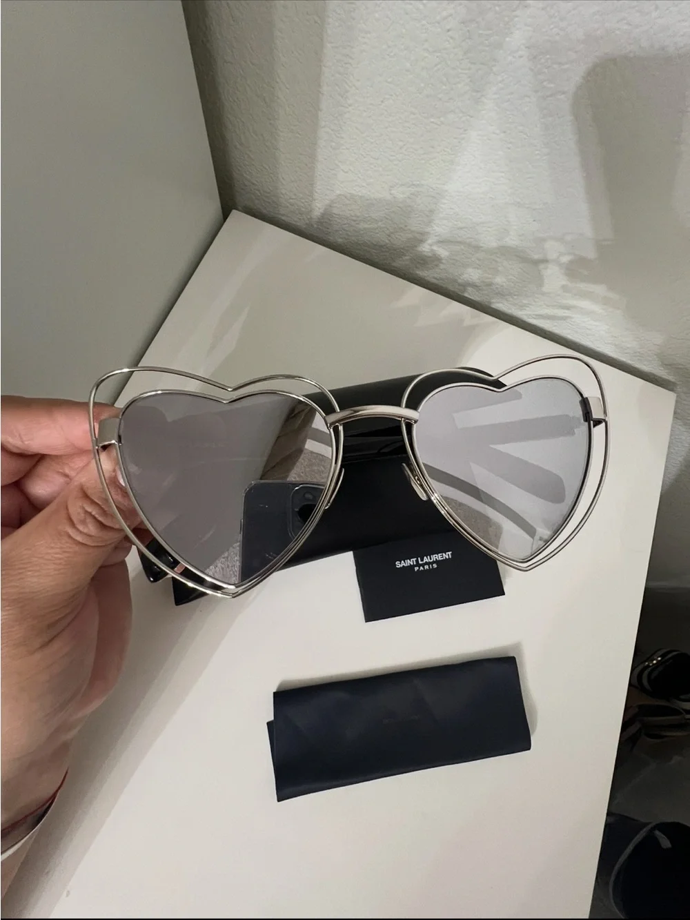 Saint Laurent Silver Heart Frame Sunglasses with Silver Mirror Lenses